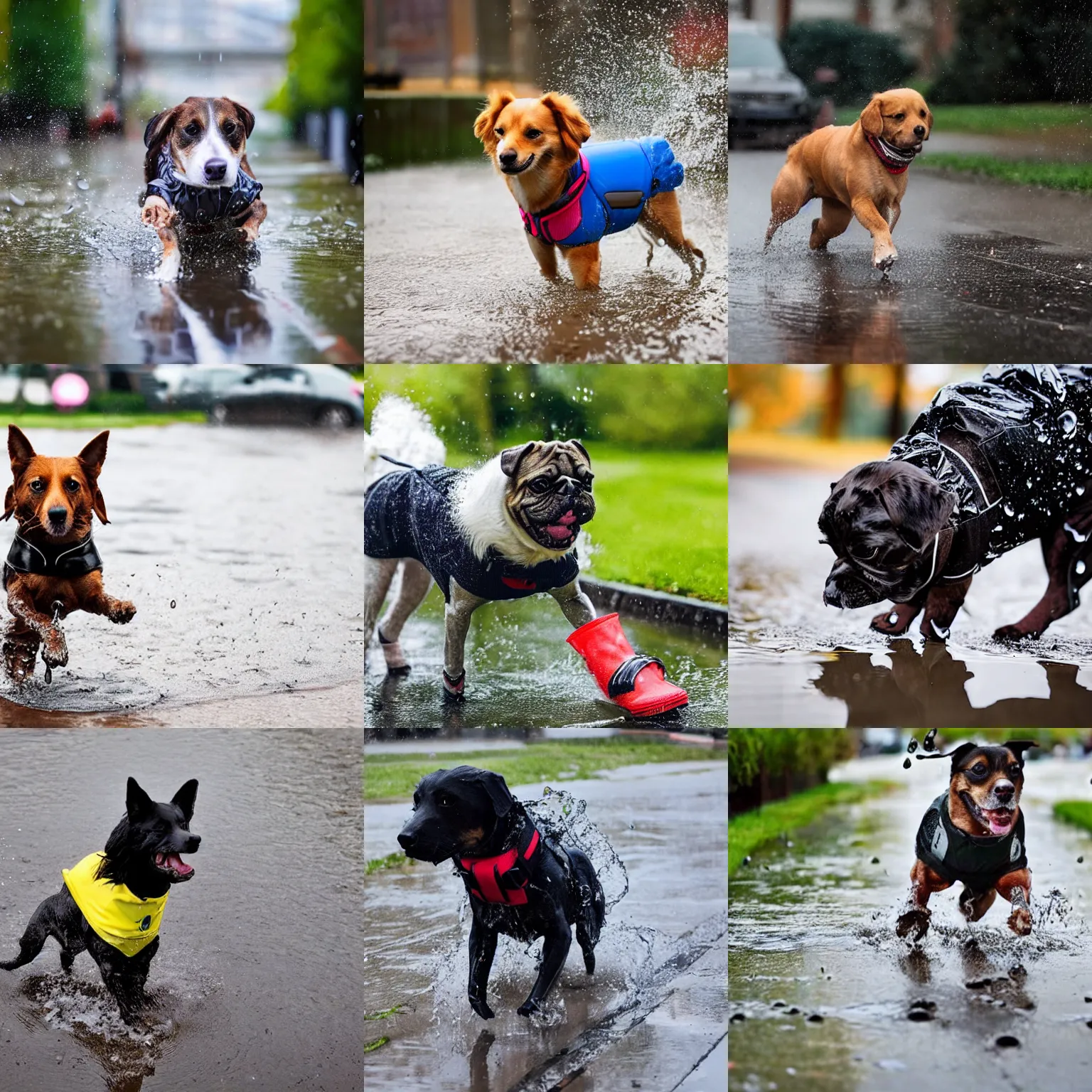 Prompt: A dog wearing rain booties, splashing in a puddle