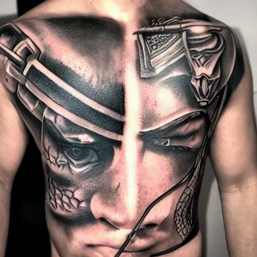 Image similar to medium shot of a gladiator wearing a galea, tattoo, tattoo art, Black and grey tattoo style