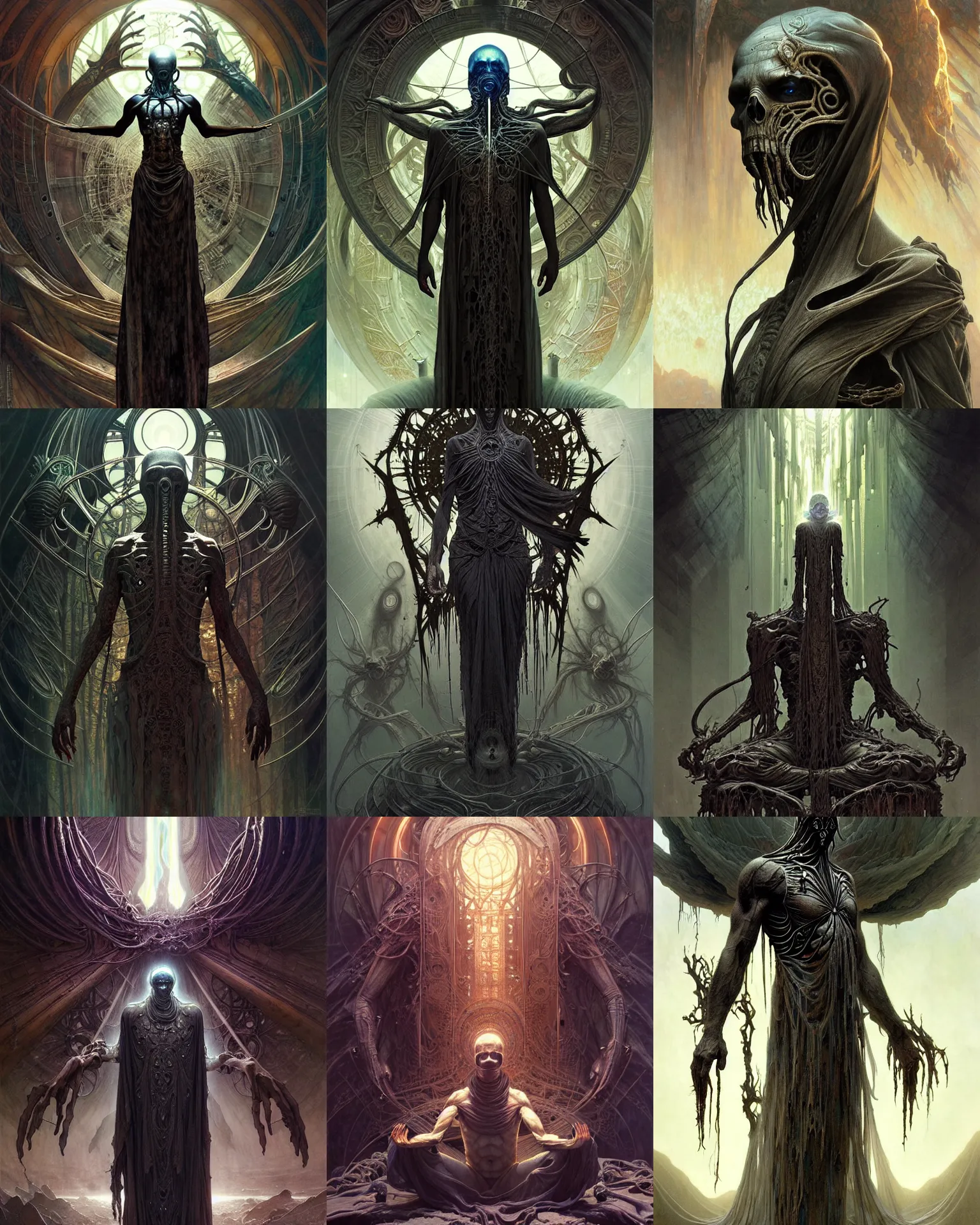 Prompt: the platonic ideal of meditating of an sci fi ancient god ultimate dementor, detailed, intricate, hyperrealism, intense, scary, decay, dmt, art by brock hofer and artgerm and greg rutkowski and alphonse mucha