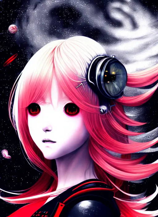 Prompt: highly detailed portrait of a hopeful pretty astronaut lady with a wavy blonde hair, by Ayami Kojima, 4k resolution, nier:automata inspired, bravely default inspired, vibrant but dreary but upflifting red, black and white color scheme!!! ((Space nebula background))