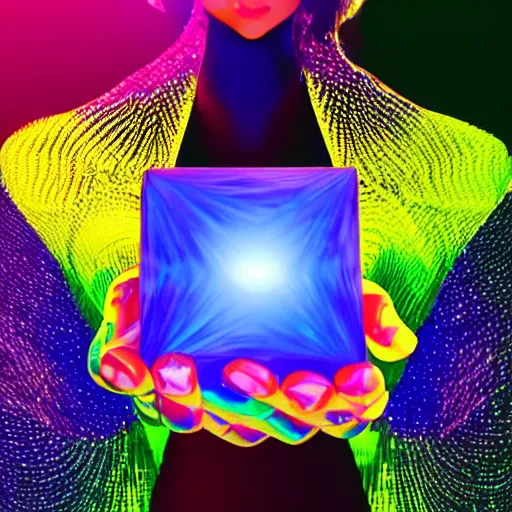 Image similar to a person holding a colorful object in their hand, a hologram by jeka kemp, polycount, crystal cubism, made of crystals, irridescent, holographic