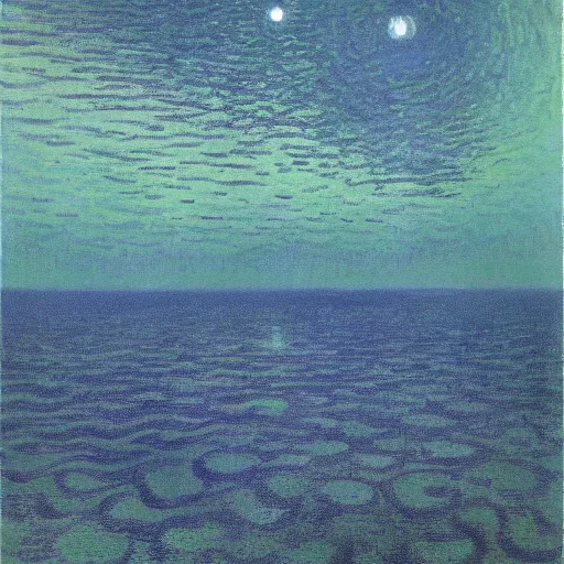 Prompt: many stars in the sky, turbulent water below. by karel thole and claude monet, oil on canvas