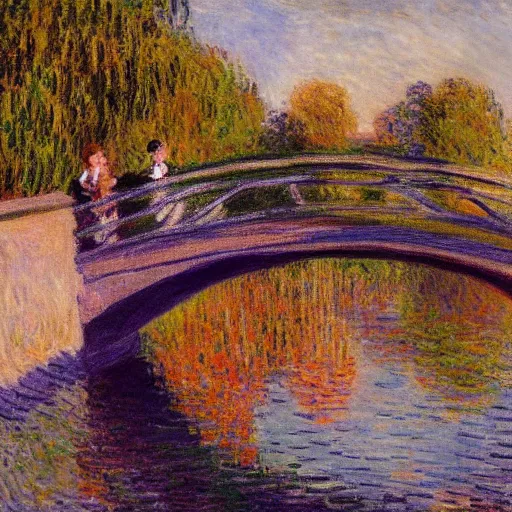 Image similar to young couple standing on a bridge over the seine in paris, claude monet, golden hour, detailed,