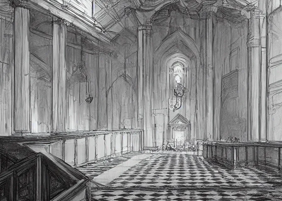 Prompt: interior of a masonic temple, black and white, concept art, detailed, 4k, artstation