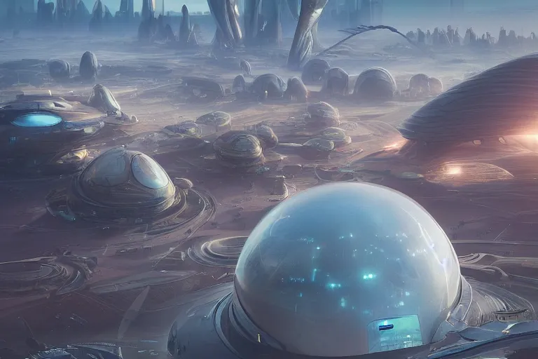 Prompt: a futuristic image of an alien desert with a gigantic complex mushroom shaped spaceport, fine detail, by James clyne and Andrée Wallin, foggy, cyberpunk city in the distance, iridescent planet in sky, artstation, CG society, Ariel view, extra wide angle, morning light
