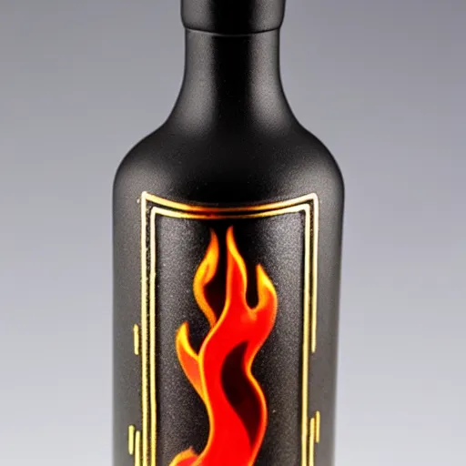 Prompt: a photo of a vodka bottle with retro vintage minimalistic flame fire designs in a plique - a - jour enameling technique, 5 0. 0 mm