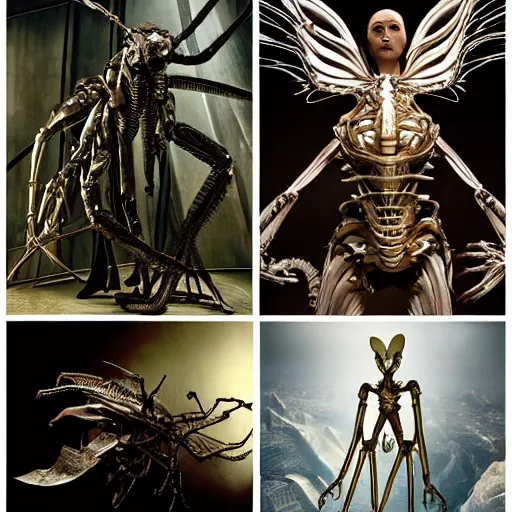 Image similar to still frame from Prometheus movie by Makoto Aida, flying biomechanical angel gynoid by giger, mimicking devil's dragon flower mantis, metal couture by neri oxmn and Guo pei, editorial by Malczewski and by Caravaggio