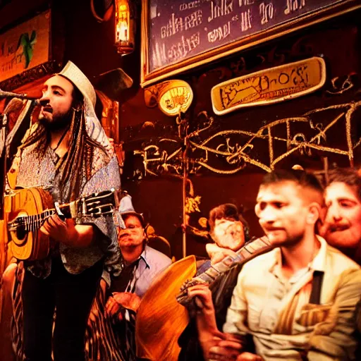 Prompt: a gipsy singer sings a jazz song in a crowded pub, award-winning photograph, dark, golden hour, colorful, night