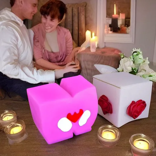 Prompt: kirby!!!!!!!!!!!!!! and companion cube romantic dinner, candlelight, roses