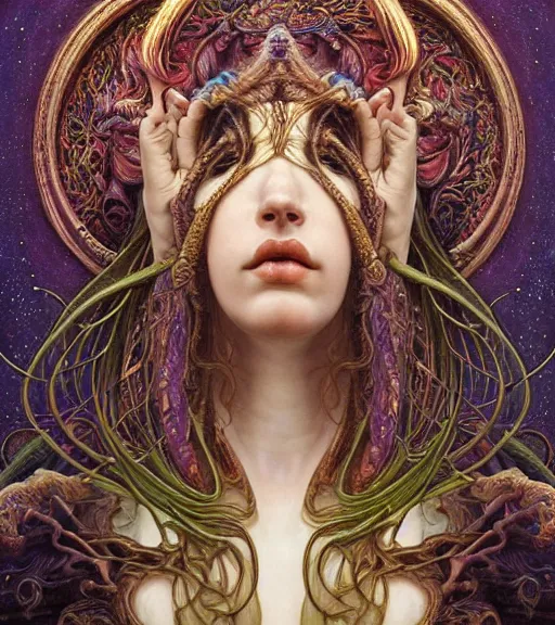 Image similar to detailed realistic beautiful young groovypunk queen of andromeda galaxy in full regal attire. face portrait. art nouveau, symbolist, visionary, baroque, giant fractal details. horizontal symmetry by zdzisław beksinski, iris van herpen, raymond swanland and alphonse mucha. highly detailed, hyper - real, beautiful