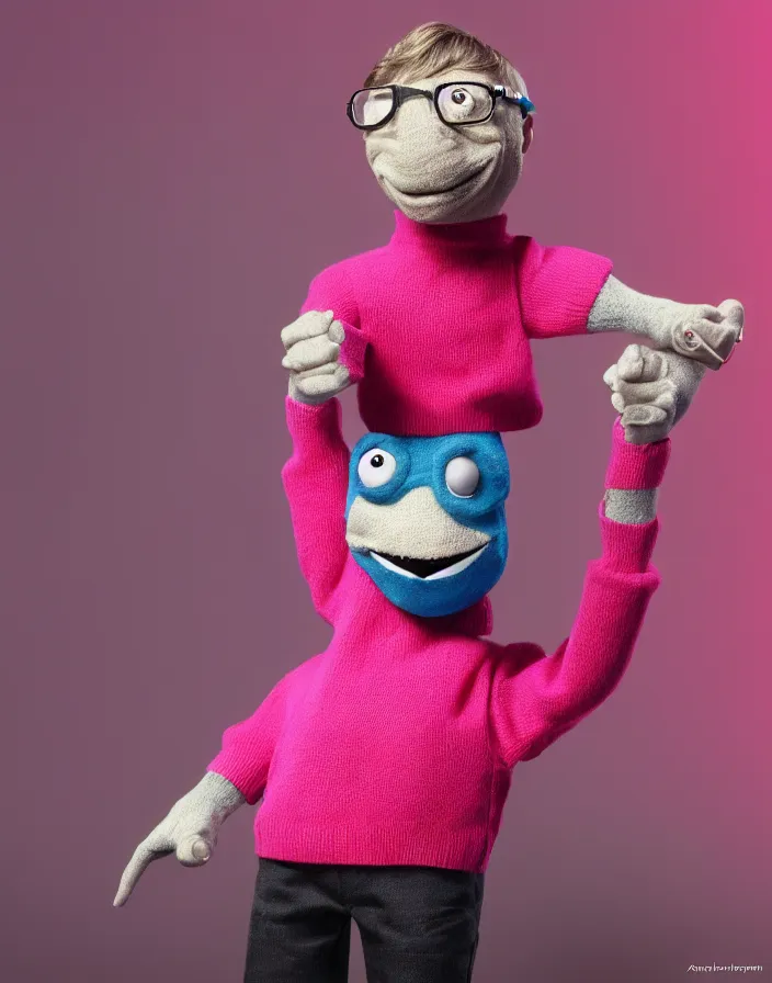 Image similar to candid 90s photoshoot of bill gates evil sock puppet wearing a pink sweater, dynamic lighting, photorealistic, stunning visuals, creative, cinematic, ultra detailed, trending on art station