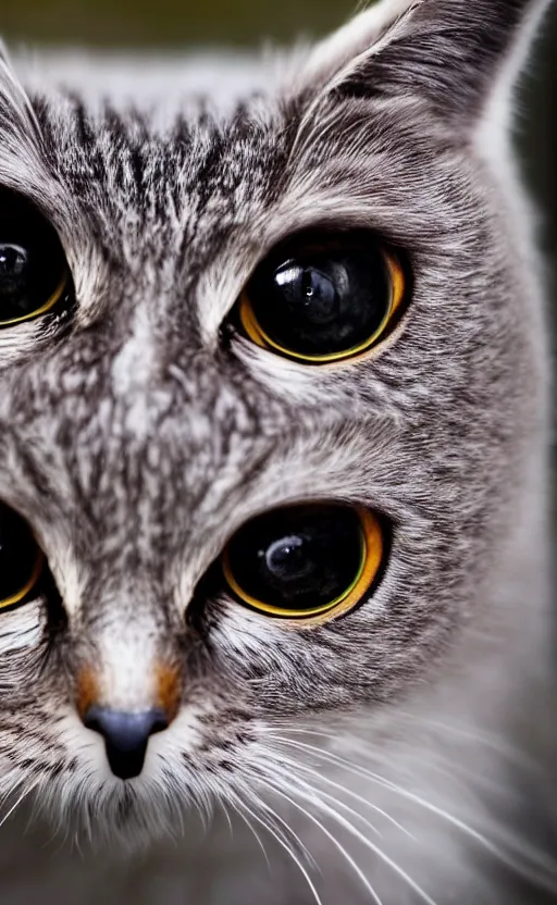 Image similar to half cat, half owl, big cute eyes, realism, photo, 8k, detailed, high quality