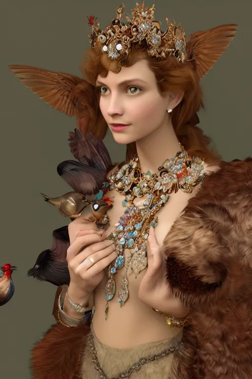 Prompt: face closeup, 3 d render of english princess holding birds, ornaments, jewels, diamonds, mucha vibe, dieselpunk, solarpunk, artstation