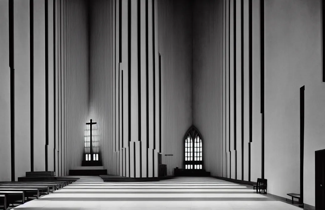 Prompt: in this church interior, vertical lines suggest spirituality, rising beyond human reach toward the heavens. directed by kurosawa fusing a dream world of imagination with closely observed reality intact flawless ambrotype from 4 k criterion collection remastered cinematography gory horror film, ominous lighting, evil theme wow photo realistic postprocessing suffolk landscape building by mies van der rohe