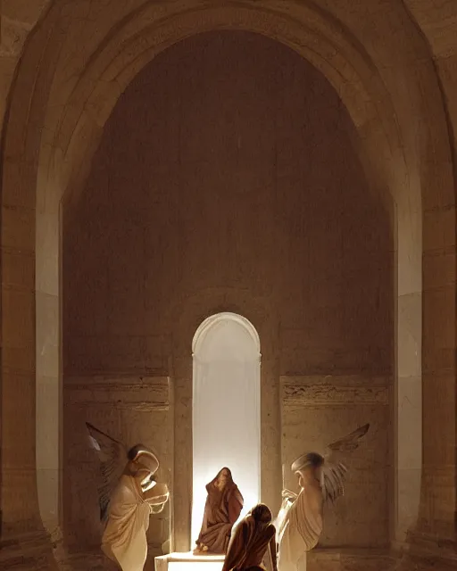 Image similar to inside a tomb, light coming in from the left, 2 angels with wings, 3 women in robes, fibonacci, by artgerm, caravaggio, craig mullins