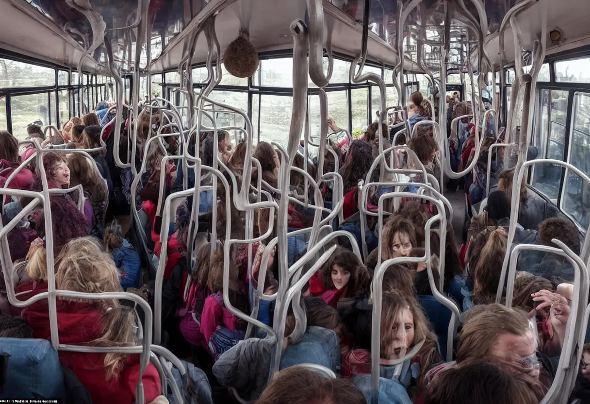 Prompt: a wide photo of a interior of a crowded bus with a huge octopus trying to get in, octopus beak can be seen, arms creeping in thrugh the windows, people are scared and screaming while trying to free through the windows and doors,