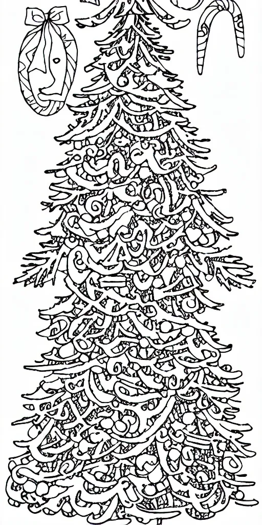 Image similar to black and white coloring book page of christmas trees, christmas decorations and candy canes