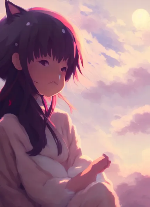 Image similar to portrait of cute catgirl, cloudy sky background lush landscape illustration concept art anime key visual trending pixiv fanbox by wlop and greg rutkowski and makoto shinkai and studio ghibli