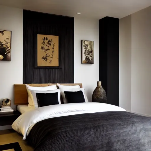 Image similar to bedroom, stone, interior design, stylish luxury hotel bedroom design, yakisugi, black vertical slatted timber, textures, feminine, black walls, art, vase with flowers, Japanese influences