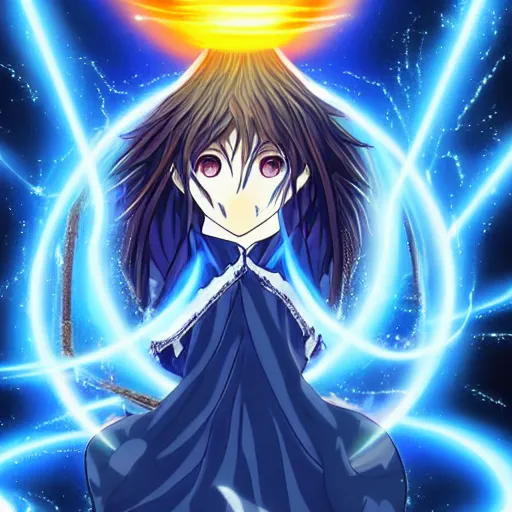 Prompt: a beautiful manga character wizard with free flowing hair holding a staff that has a glowing blue orb at the head of it emanating brilliant blue light, high detail, high resolution