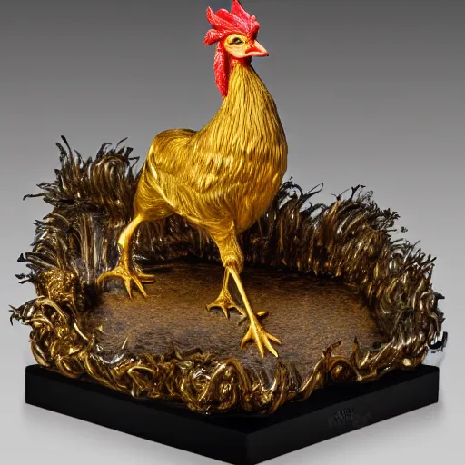 Prompt: a golden rooster sculpture presented in a museum, realistic, ultra high detail, 8 k.