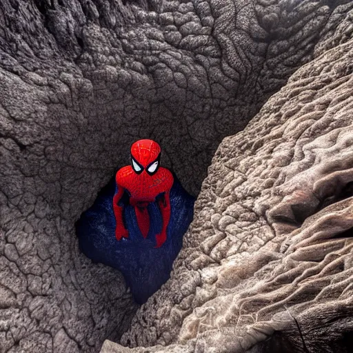 Prompt: head of the spiderman emerges from a lava lake, cave background, high detail, lava reflections, cave reflecting in the lava lake, dramatic shot