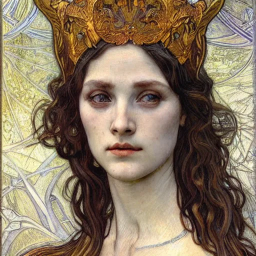 Image similar to detailed realistic beautiful young medieval queen face portrait by jean delville, alphonse mucha, vincent van gogh, and marco mazzoni, art nouveau, symbolist, visionary, gothic, pre - raphaelite