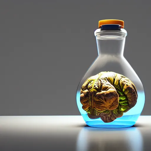 Prompt: alien brain glass container filled with water sitting on the table of a science laboratory, octane, trending on artstation, volumetric lighting — w 6 4 0