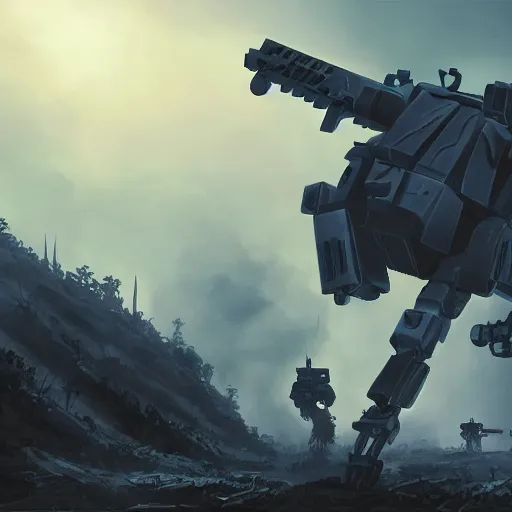 Image similar to a mech with guns on each arm preparing for combat, battlefield, dead trees, fire, smoke, dark clouds, slightly sunny, ominous, intense, epic, extremely detailed, cinematic lighting, studio ghibli, anime,