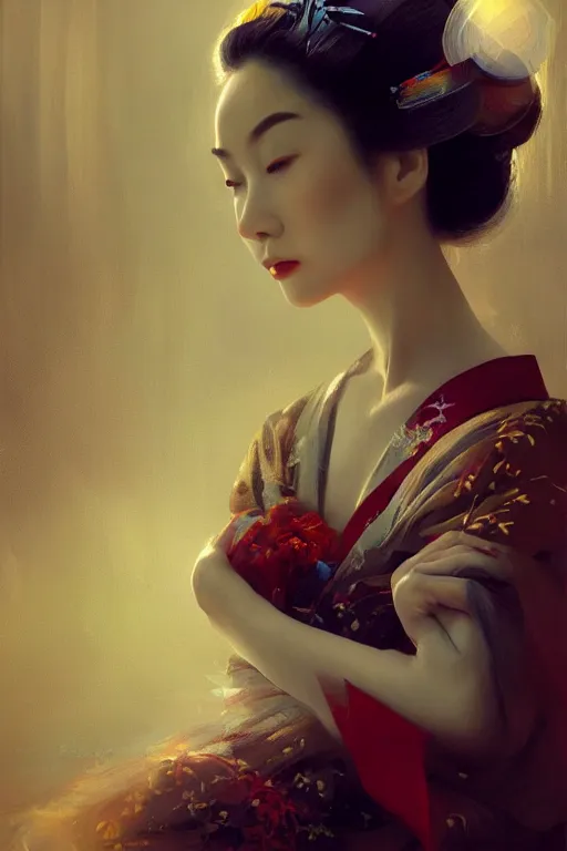 Image similar to geisha prima ballerina, gorgeous, ethereal, close-up portrait, intricate, elegant, volumetric lighting, scenery, digital painting, highly detailed, artstation, sharp focus, illustration, concept art, ruan jia, steve mccurry