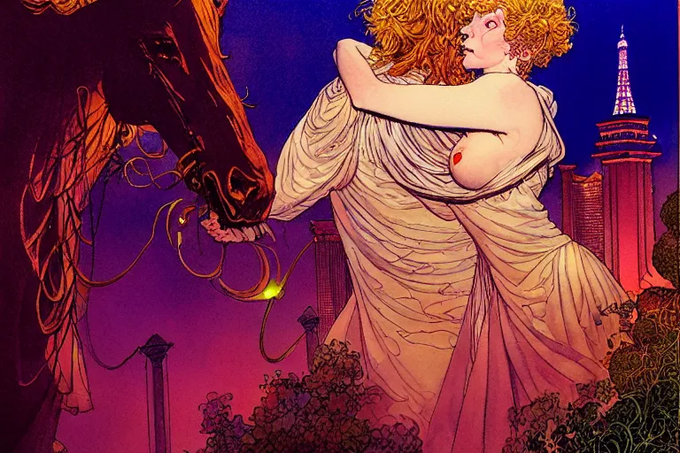 Image similar to a hyperrealist watercolour character concept art portrait of love, glowing on well lit night in las vegas, nevada. by rebecca guay, michael kaluta, charles vess and jean moebius giraud