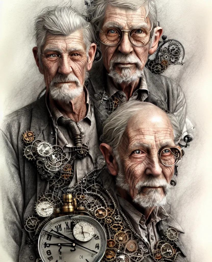 Image similar to hyper realistic full figure pencil drawing of an older man steampunk, water color, detailed, rim light, diffused, intricate, by anna dittmann,