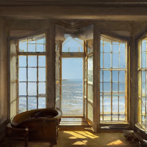 Prompt: sargent and leyendecker and greg hildebrandt, portrait of a window overlooking the beach in the world of andrew wyeth, stephen bliss, unreal engine, fantasy art by greg rutkowski, loish, rhads, ferdinand knab, makoto shinkai, ilya kuvshinov, rossdraws, global illumination, radiant light, detailed and intricate environment