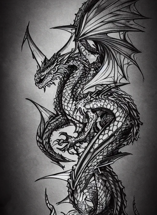 Image similar to dragon, sketch tattoo, dark, black theme, japan style, highly detailed, masterpiece, trending on artstation, golden ratio, cinematic romantic magical, perfect intricate