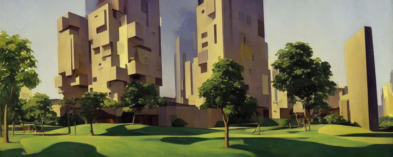 Prompt: futuristic brutalist apartments with trees and plants, edward hopper