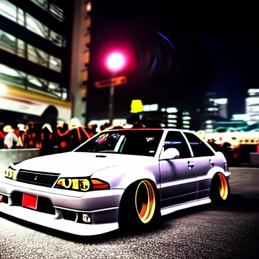 Image similar to a car JZX100 twin turbo drift at illegal car meet, Shibuya prefecture city midnight mist lights cinematic lighting photorealistic highly detailed wheels, high detail