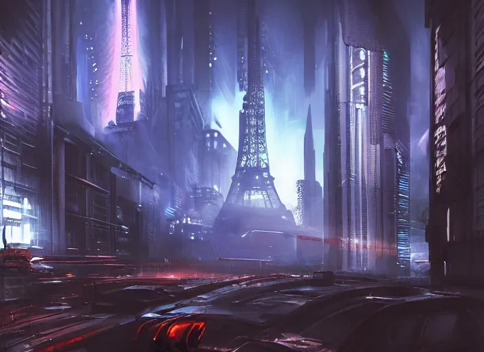 Image similar to cyberpunk scifi scene of paris at night, scifi drones, artstation, matt painting, very detailed, maximalism, ambient occlusion, volumetric light, atmospheric haze, unreal engine, hyper realism, realistic shading, cinematic composition, realistic render, octane render, detailed textures, photorealistic, wide shot