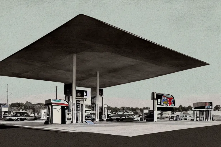 Image similar to a pencil and watercolor art of a beautiful luxurious gas station, retro and 1 9 8 0 s style, beautiful architecture, retro coloring, retro and 1 9 8 0 s style, retro and 1 9 8 0 s filter, black and white, no color