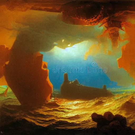 Prompt: sunset from inside underwater air bubble containing a sunken ship, many brightly colored fish and coral, leviathan, albert bierstadt, illustration