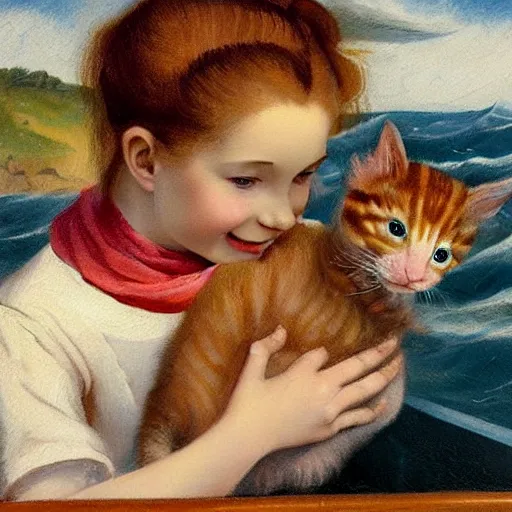 Prompt: oil painting of a young freckled redhead pigtailed girl smiling and holding a scared kitten in a boat, in rough seas with large waves, dark clouds and lightning, depicted for a children\'s book, in the style of frank frazetta and vermeer