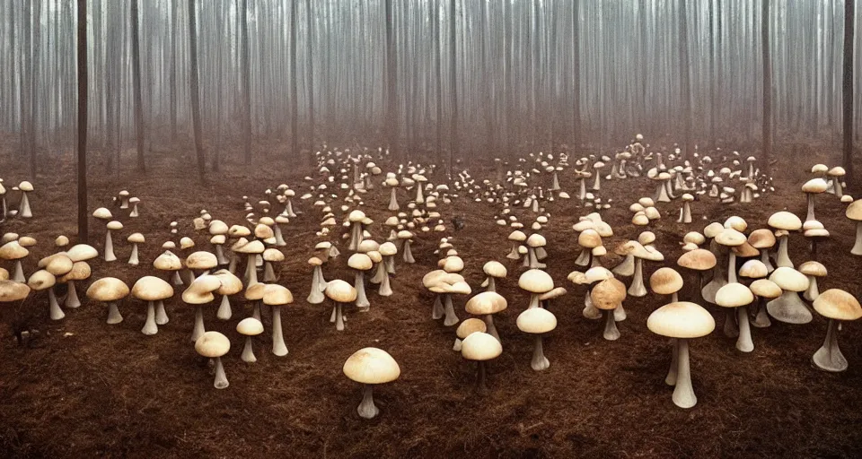 Prompt: A tribal village in a forest of giant mushrooms, by Gottfried Helnwein