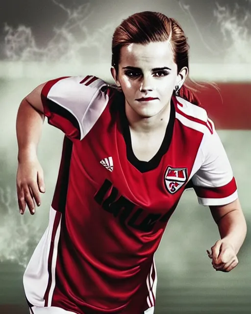 Image similar to a portrait of emma watson as a lokomotiv football player, hyper realistic