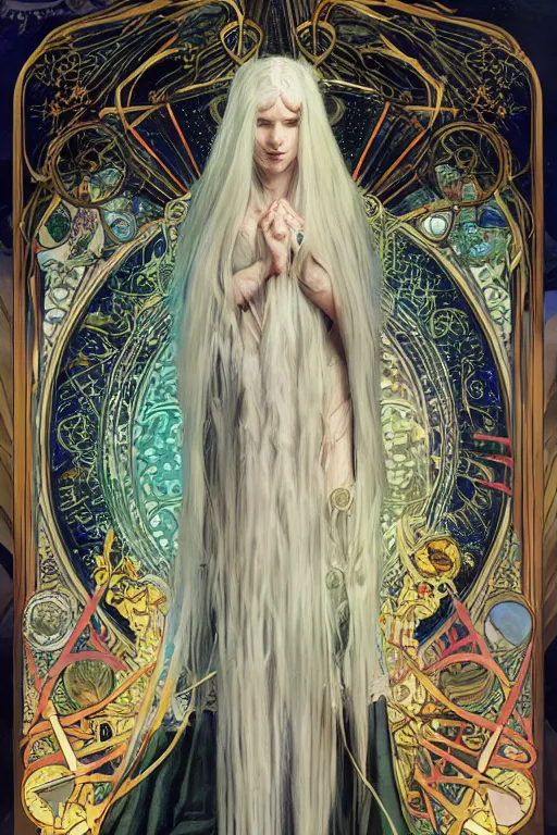 Image similar to tarot card, 4k HD digital full body portrait of beautiful regal elven king, long white hair, black paper, vivid colors, wheel of sigils in the background, by Alphonse Mucha, Craig Mullins, Marc Simonetti, Artstation