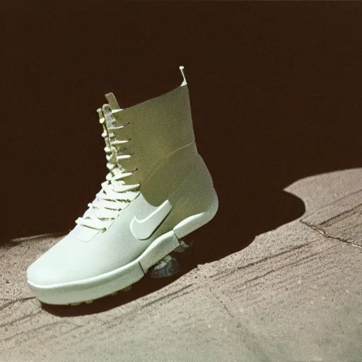 Image similar to a photoshoot of A Nike sneaker boot designed by Dieter Rams, minamalist, realistictic, color film photography by Tlyer Mitchell, 35 mm, graflex