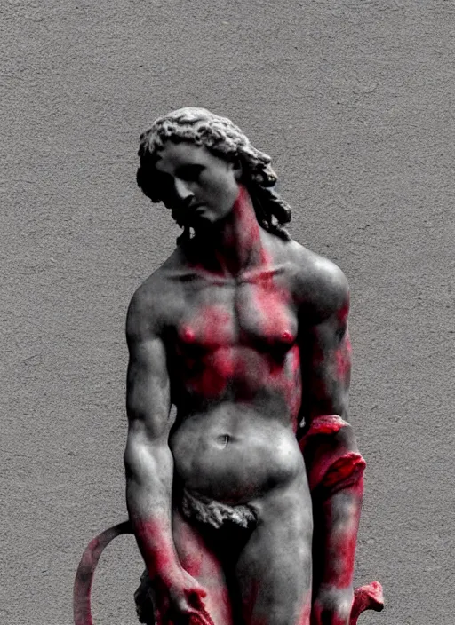 Image similar to black, grey, red, purple, gritty, greco roman sculpture, dark, thin lines