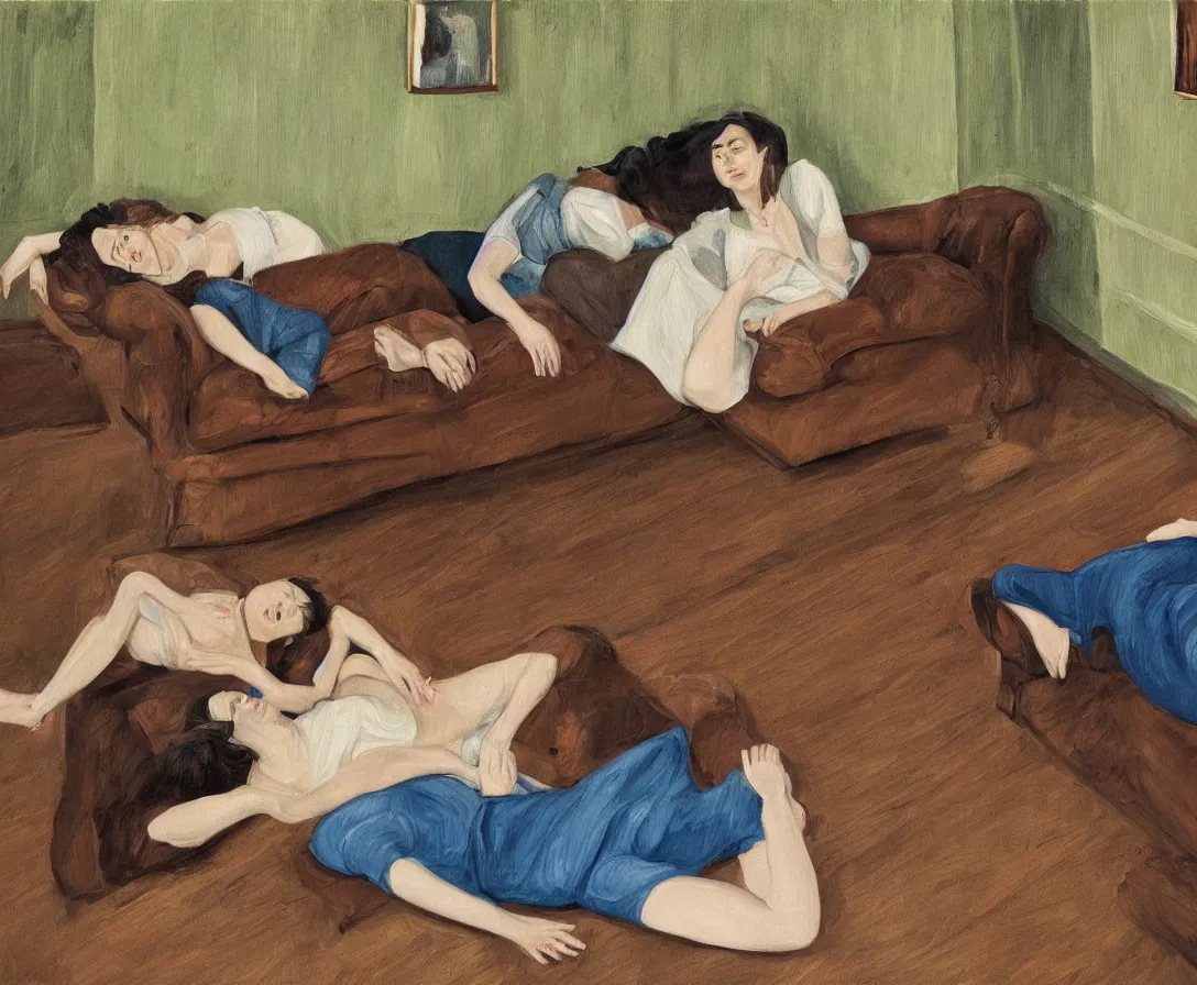 Image similar to portrait of two women lying horizontal, in an empty old english apartment with wooden floor on a brown leather sofa. one is wearing a dark blue sweather, the other a white shirt. brown hair, they are looking into the camera. wide shot. in the style of lucien freud. oil painting. green mood. isometric perspective