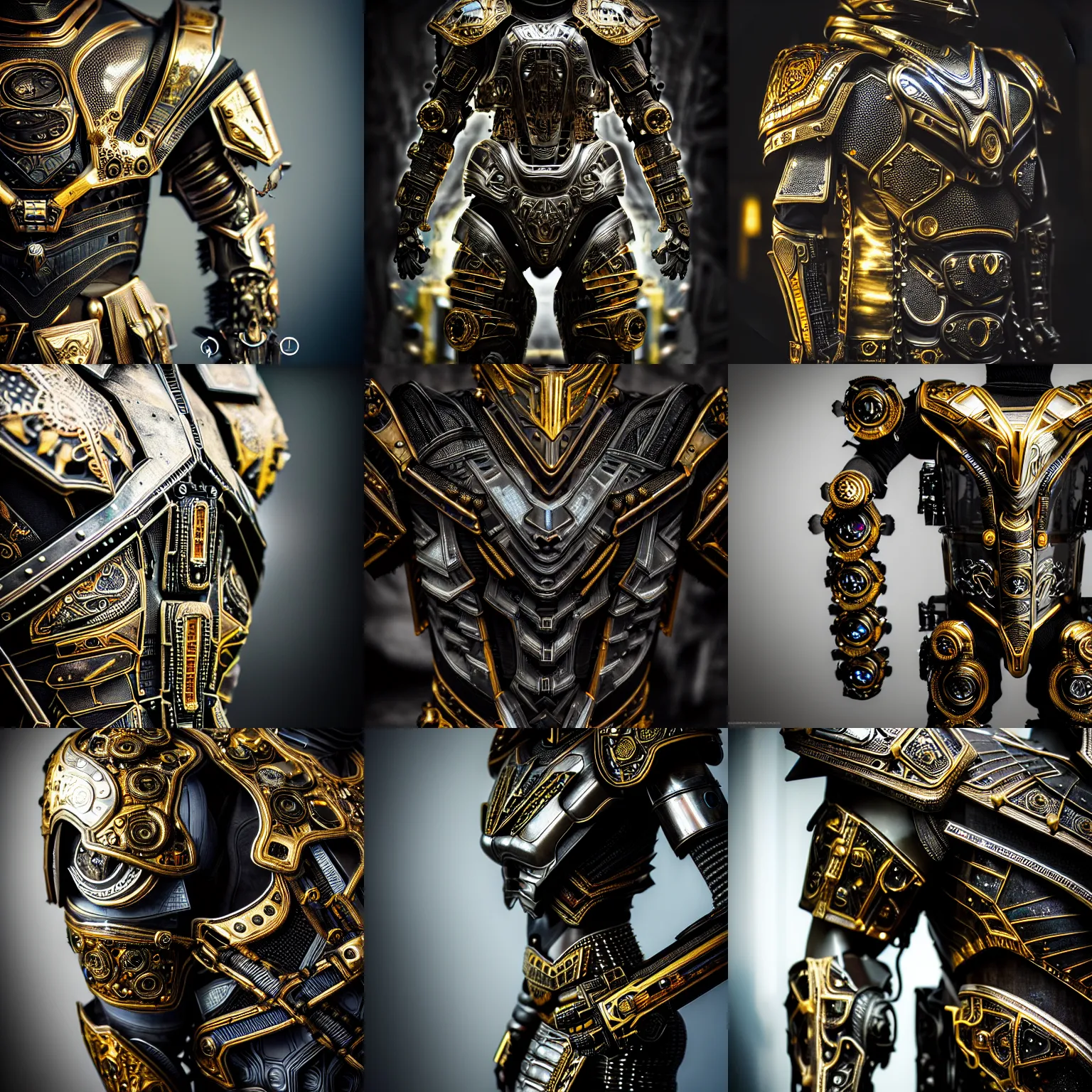 Prompt: hyper realistic photography of a translucent glorious obsidian metal armor, futuristic design, cyberpunk style, wood and gold details, intricate, extremely detailed, ornate, deep of field, nikon photography