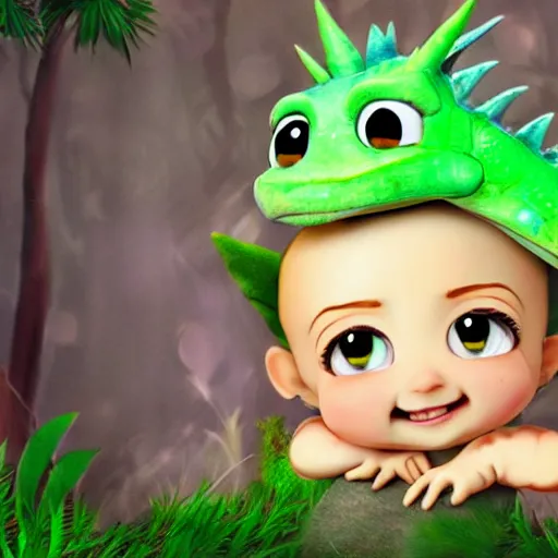 Image similar to very very very very cute chibi baby dragon, portrait, pixar style, forest background