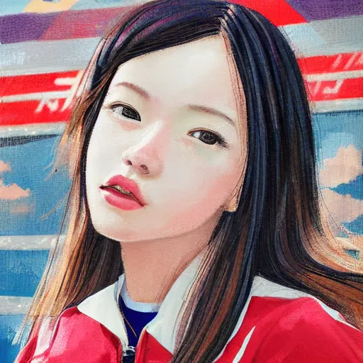 Image similar to a high detail portrait of high school girl by makoto sinkai, in simple background, CLIP STADIO, mad painting