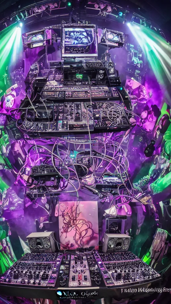 Prompt: award winning photo of an octopus! as a dj with tentacles! simultaneously placed turntables cdjs and knobs of a pioneer dj mixer. sharp, in front of a large crowd, studio, medium format, 8 k detail, volumetric lighting, wide angle, at an outdoor psytrance festival main stage at night